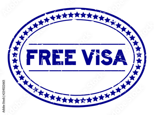 Grunge blue free visa oval rubber seal stamp on white background