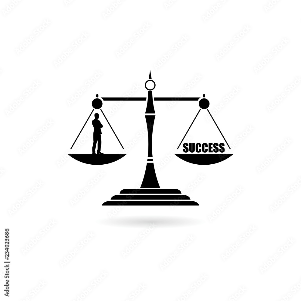 Black Businessman and word success on a balance scale icon or logo Black Businessman and word success on a balance scale icon or logo