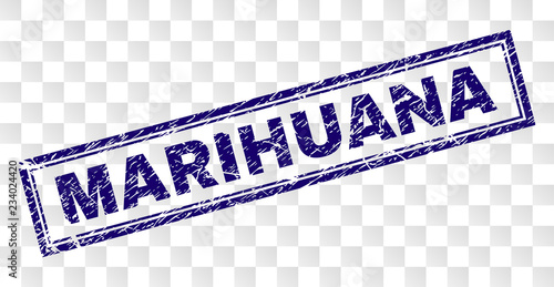 MARIHUANA stamp seal print with rubber print style and double framed rectangle shape. Stamp is placed on a transparent background. Blue vector rubber print of MARIHUANA title with unclean texture.