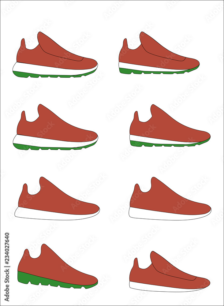 Red and green Vector Sport shoes with lace. Color contrast, white background. Isolated. Red and green Vector Sport shoes with lace. Color contrast, white background. Isolated.