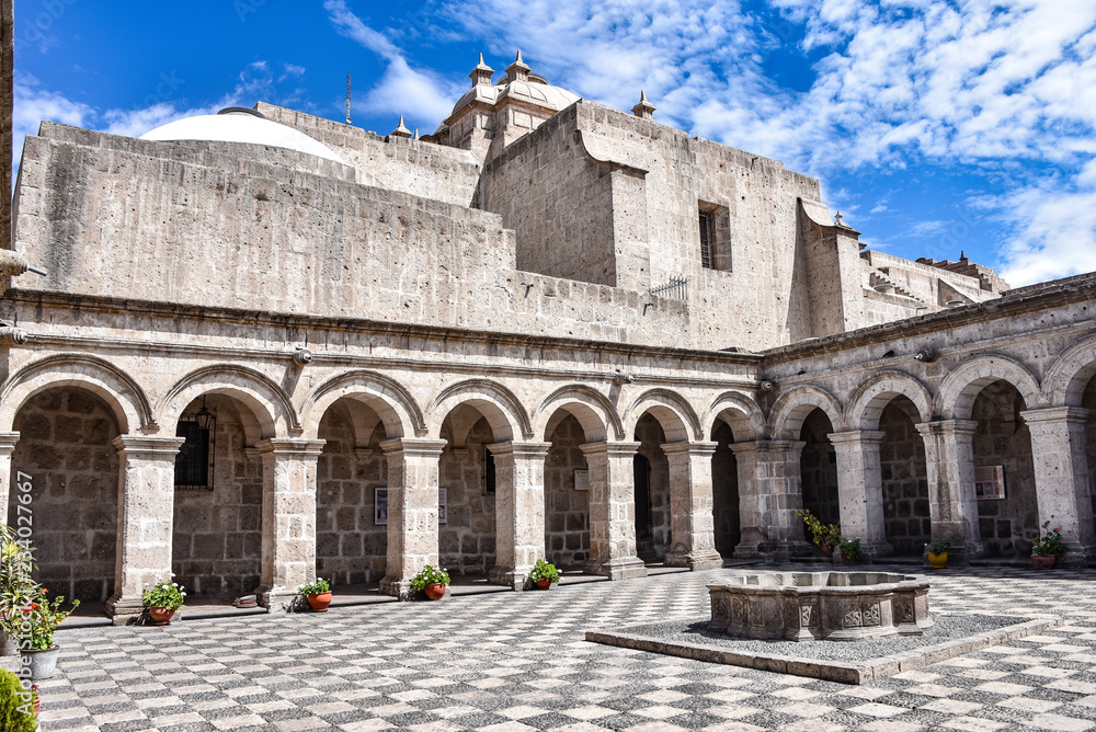 The interior courtyard and cloisters of Church of La Compania, Arequipa, Peru