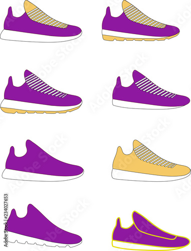 Vector Sport shoes purple and yellow with lace. Color contrast, white background. Isolated.