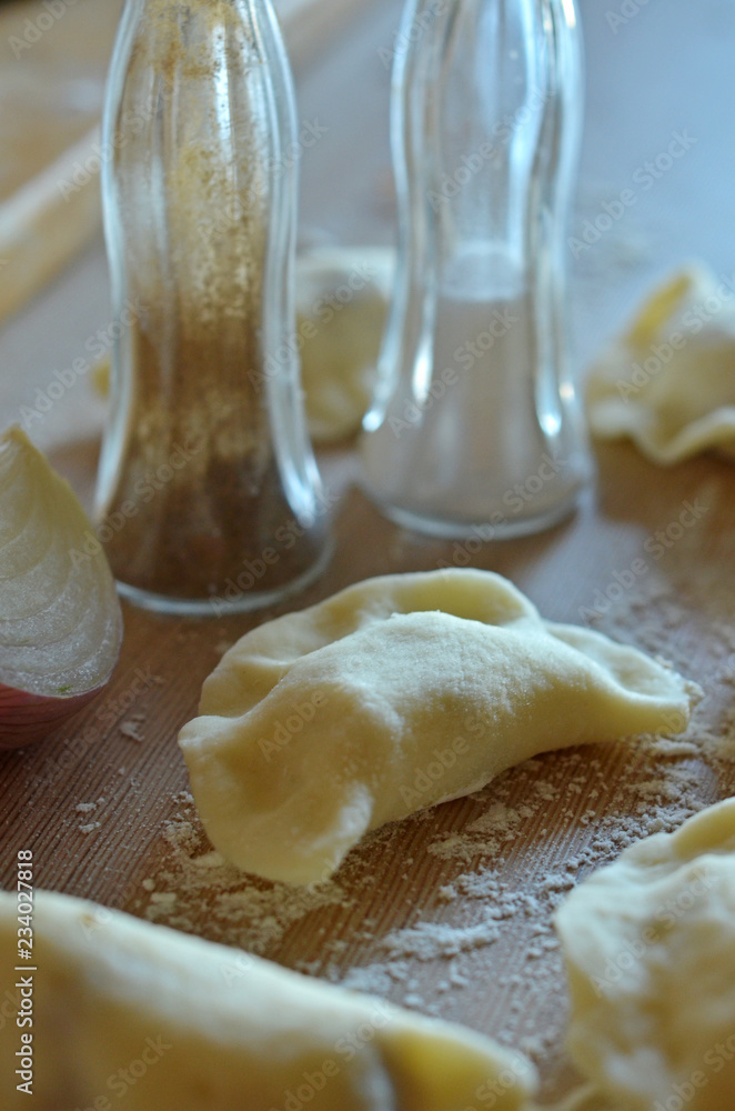 Dumplings sprinkled with flour on the kitchen counter Dumplings sprinkled with flour on the kitchen counter