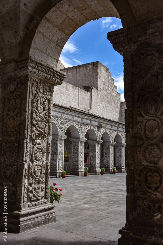 The interior courtyard and cloisters of Church of La Compania, Arequipa, Peru