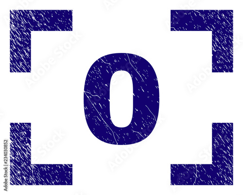 0 tag seal stamp with grunge texture. Text tag is placed inside corners. Blue vector rubber print of 0 with grunge texture.