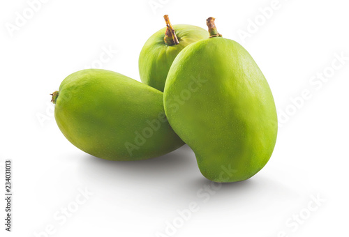 Fresh green mango called ''Mange Carotte'' isolated on white background - very popular green, in rougail or cut into pieces with salt and pepper.