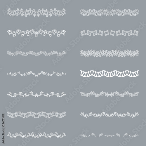 Set of horizontal isolated White lace borders for design. Patterned elegant beautiful edge. Vector illustration