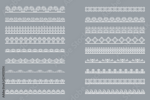 Set of horizontal isolated White lace borders for design. Patterned elegant beautiful edge. Vector illustration