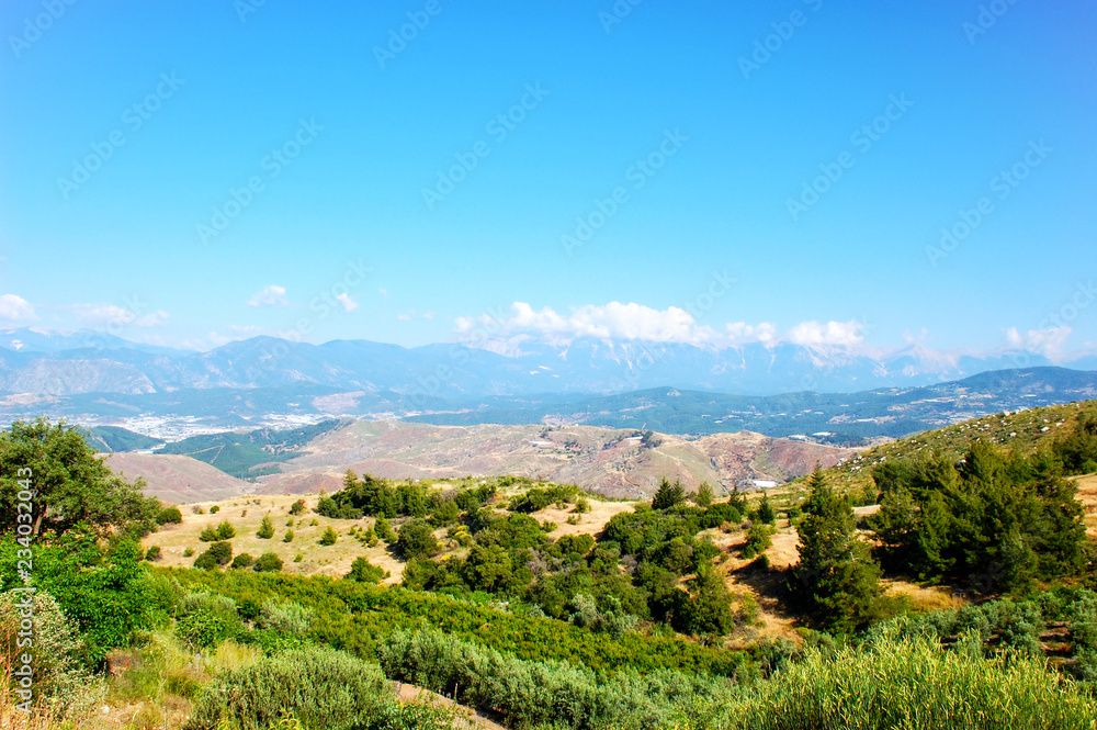 Summer mountains, green vegetation, clouds and mountains. Natural landscape.