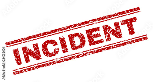 INCIDENT seal imprint with grunge texture. Red vector rubber print of INCIDENT caption with grunge texture. Text caption is placed between double parallel lines.