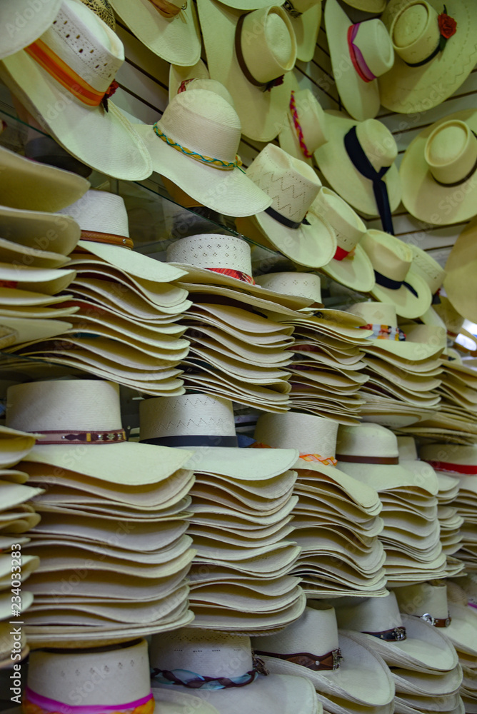 Arequipa, Peru - October 7, 2018 - Traditional Arequipenan hats for sale at a stall in the San Camileo central market