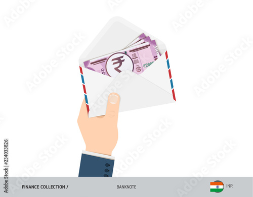 2000 Indian Rupee Banknotes in envelope hold in hand. Flat style opened white envelope with cash. Salary payout or corruption concept.