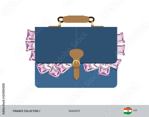 Leather briefcase with 2000 Indian Rupee Banknotes. Flat style vector illustration. Salary payout or corruption concept.