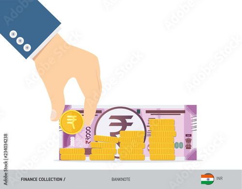Hand putting coins to coin stack with 2000 Indian Rupee Banknote. Flat style vector illustration. Growing graph. Finance concept. 