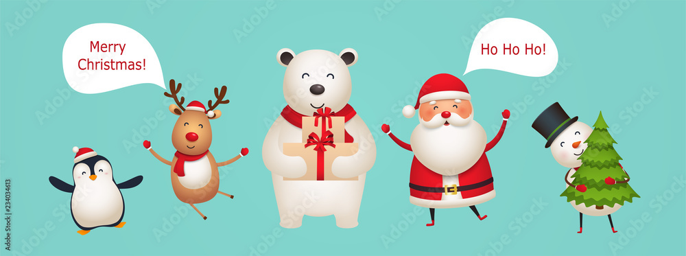Cute fun New Year characters. Santa Claus, deer, polar bear, snowman with Christmas tree in hands, penguin. Cute fun New Year characters. Santa Claus, deer, polar bear, snowman with Christmas tree in hands, penguin.