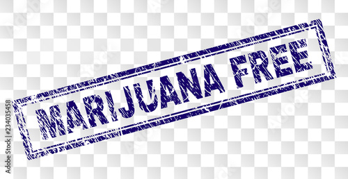 MARIJUANA FREE stamp seal print with rubber print style and double framed rectangle shape. Stamp is placed on a transparent background.