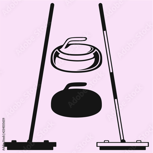 Curling game element set: curling broom and curling stone  silhouette 