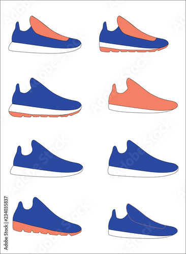 Vector Sport shoes with lace. Color contrast, white background. Isolated.