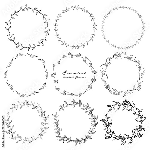 Set of botanical round frame, Hand drawn flowers, Botanical composition, Decorative element for Invitations card, Vector illustration.