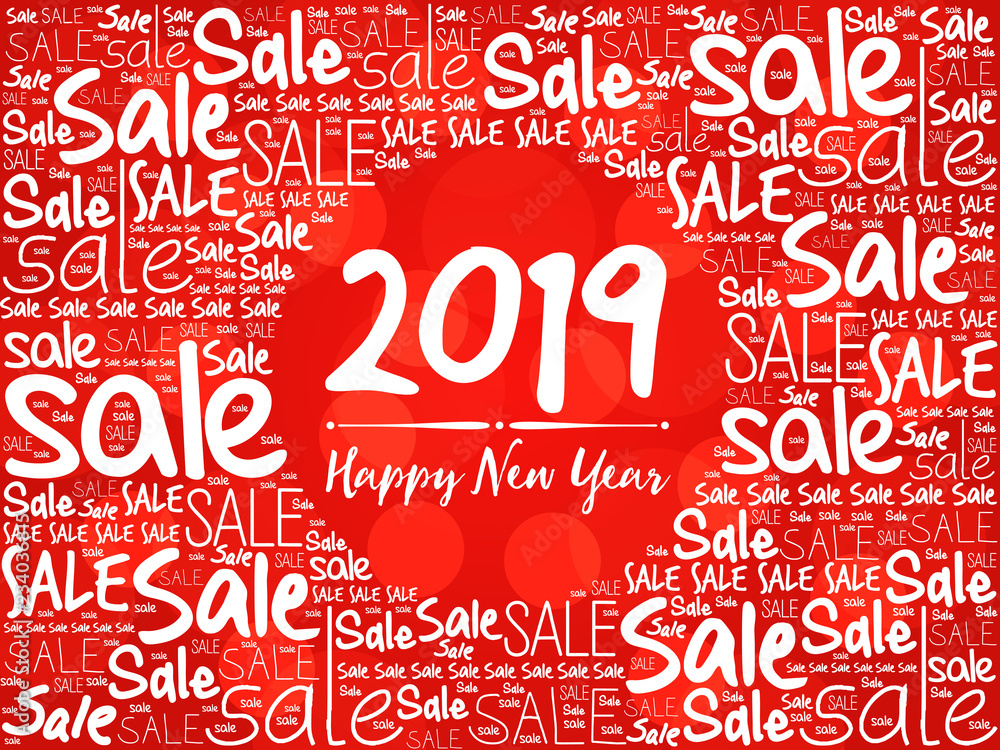 2019 Happy New Year. Sale Christmas background word cloud, holidays lettering collage
