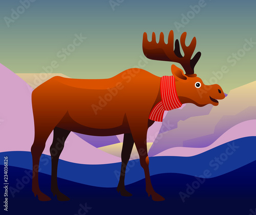 moose with scarf in mountain landscape background vector illustration