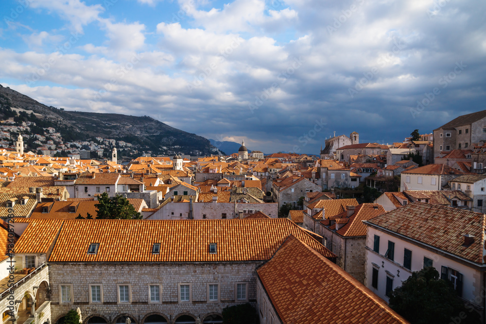 View over the old city Dubrovnik with mountains, Croatia