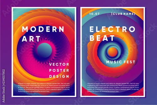 Electronic music poster design with vibrant vortex. Night club abstract background with color gradient shapes.