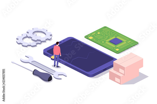 Mobile repair and service concept. Smartphone with repairman and spare parts. Isometric composition. Illustration for web sites and print. Vector illustration