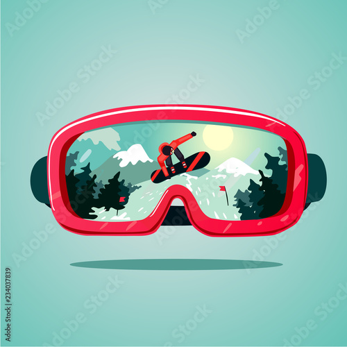 Snowboard protective mask with snowboarder on reflection. Mountain sky glasses. Extreme sport vector background.