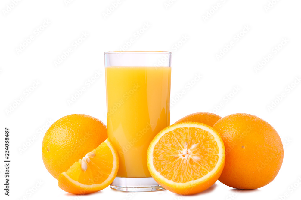 Glass of orange juice with oranges isolated on white Glass of orange juice with oranges isolated on white