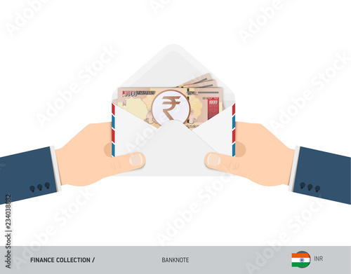 1000 Indian Rupee Banknotes in envelope hold in hand. Flat style opened white envelope with cash. Salary payout or corruption concept.