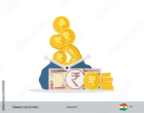Blue opened purse with 1000 Indian Rupee Banknote and coins. Flat style vector illustration. Business concept.