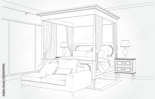 Linear sketch of an interior. Room plan. Sketch Line bedrooms. Vector illustration.outline sketch drawing perspective of a interior space