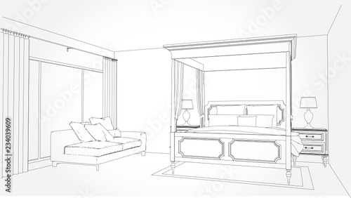 Linear sketch of an interior. Room plan. Sketch Line bedrooms. Vector illustration.outline sketch drawing perspective of a interior space