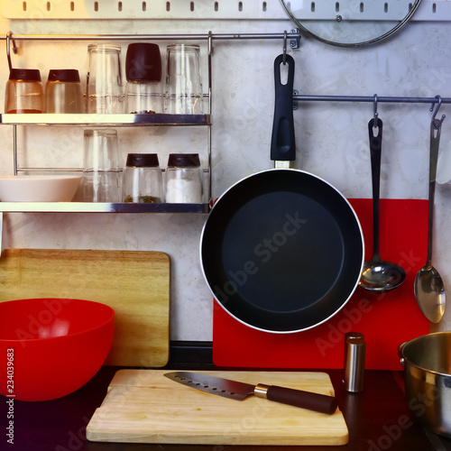 various kitchen utensils. cooking process