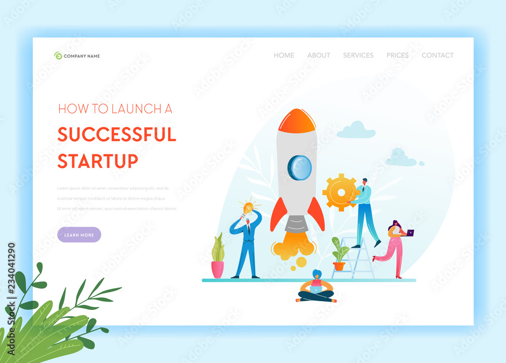 Business Startup Landing Page Template. Investment, Career Boost and Strategy Banner with Business People Characters Launches Rocket. Teamwork Innovation Web Page. Vector illustration
