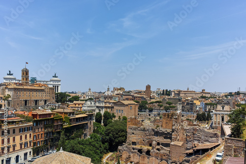 Panorama of Ruins of Roman Forum and Capitoline Hill in city of Rome, Italy