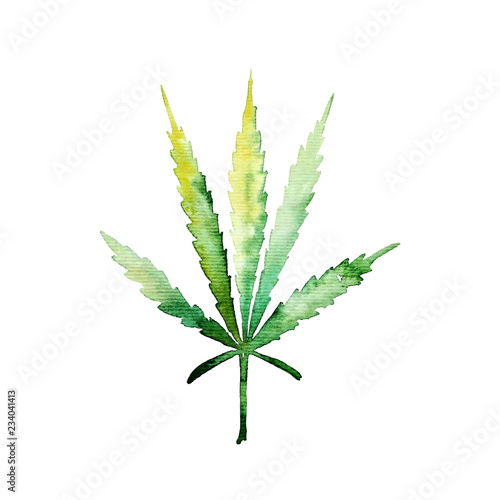 Green cannabis leaf for your design projects. Watercolor illustration