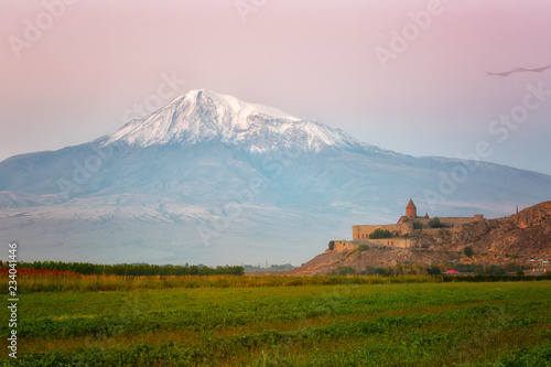 Ancient Armenian church Khor Virap with Ararat n sunrise, Armenia