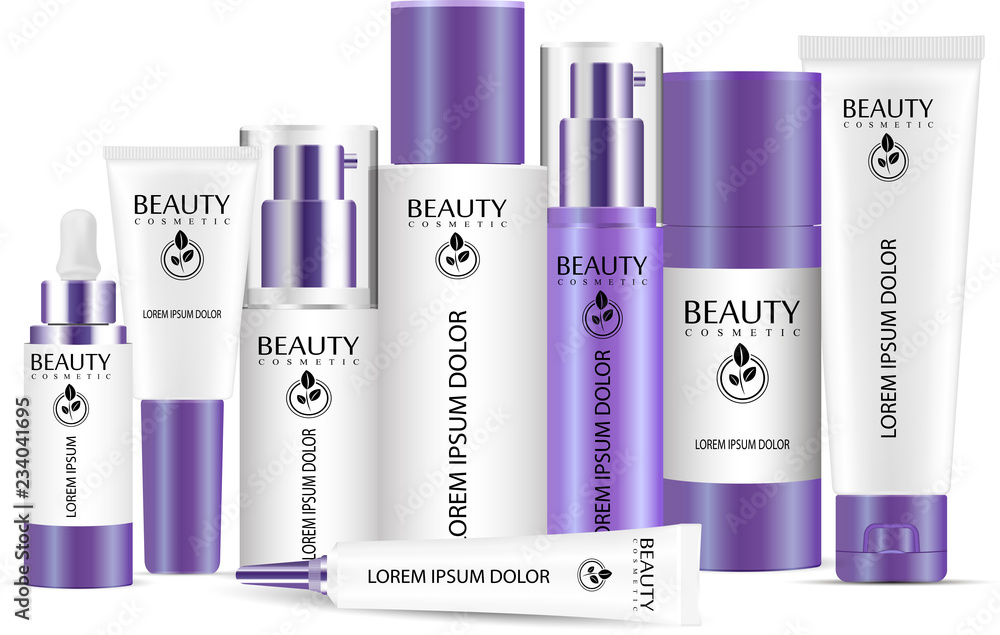 Cosmetic bottle blank templates set, plastic containers bottles with spray, dispenser and dropper, cream tubes. Realistic 3d mock-up of cosmetics package. Cosmetic bottle blank templates set, plastic containers bottles with spray, dispenser and dropper, cream tubes. Realistic 3d mock-up of cosmetics package.