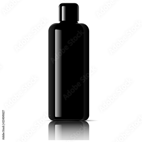 Black cosmetic bottle for facial toner, hair shampoo or shower gel. Vector design template. Cosmetics packaging mockup. Realistic 3d illustration.