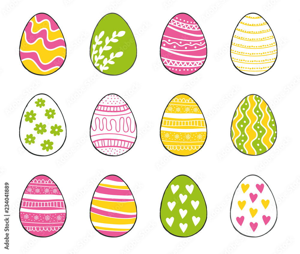 Happy Easter greeting templates card colors green, pink, yellow with hand drawn modern eggs. Vector illustration. Happy Easter greeting templates card colors green, pink, yellow with hand drawn modern eggs. Vector illustration.