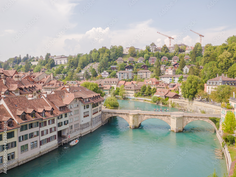 Cityscape view on the old town with river and bridge in Bern city in Switzerland