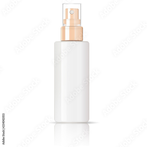 Cosmetic glossy plastic or glass bottle with dispenser spray pump. Sprayer Liquid container for gel, lotion, cream, serum, base. Beauty cosmetics product package. Vector illustration.