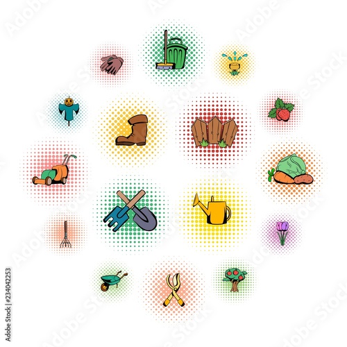 Garden comics icons set isolated on white background