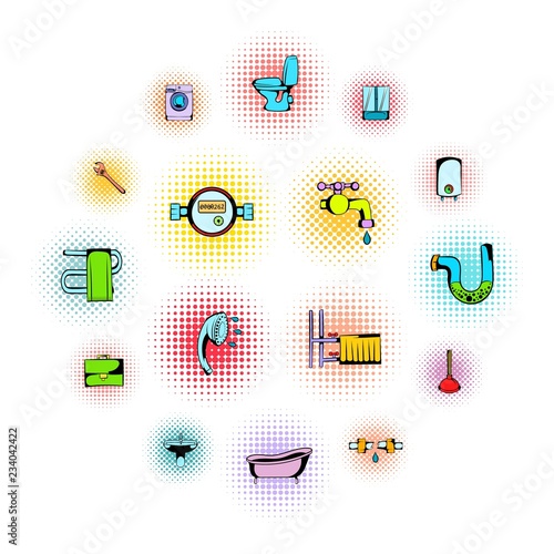 Sanitary engineering comics icons set isolated on white background