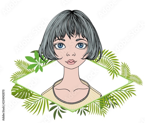 Young woman with short hair in floral frame. Flat vector illustration. Isolated on white background.