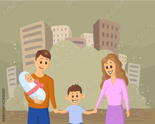 Young smiling family with children on dusty city background. Social problems and ecological, war, immigration. Flat vector illustration.