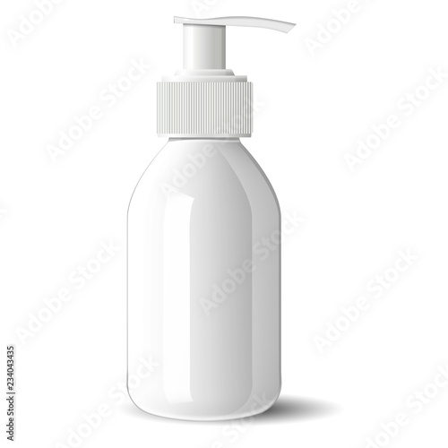 Pharmacy pump dispenser bottle for medical products, liquid, oil, serum and essence. White glass cosmetic bottle mockup for soap, gel, base. High quality eps10 vector illustration.