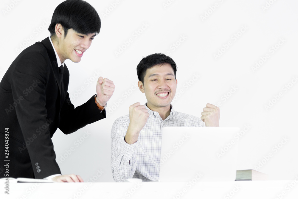 Asian manger businessman and employee salary man has working together with feeling happy and success, isolated on white background. Asian manger businessman and employee salary man has working together with feeling happy and success, isolated on white background.